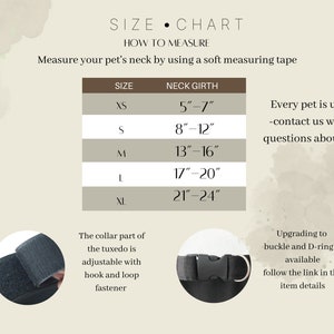 Puede incluir: Una tabla de tallas para mascotas con medidas de contorno de cuello de 12,7 a 61 cm para tallas de XS a XL. Incluye instrucciones de medici&oacute;n, un detalle de un cierre de velcro y una hebilla de pl&aacute;stico negro con una anilla en forma de D.