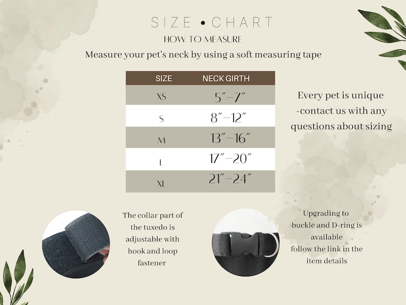 Puede incluir: Una tabla de tallas para mascotas con medidas de contorno de cuello de 12,7 a 61 cm para tallas de XS a XL. Incluye instrucciones de medici&oacute;n, un detalle de un cierre de velcro y una hebilla de pl&aacute;stico negro con una anilla en forma de D.