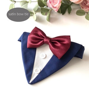 Burgundy satin bow tie dog tuxedo, Dog wedding tuxedo, Dog wedding attire, Dark red satin dog bow tie, Dog ring bearer