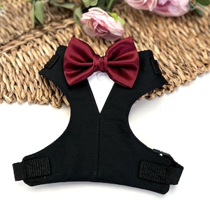 Dog tuxedo harness with satin bow tie, Custom dog tuxedo harness, Dog wedding attire, Dog wedding leash