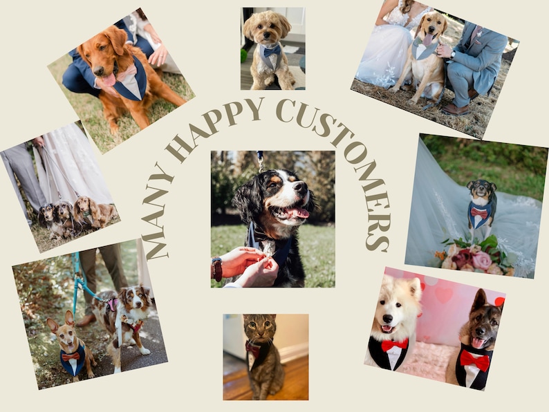 Puede incluir: Un collage de perros y un gato con varios accesorios de esmoquin y pajaritas para mascotas, con diferentes colores y estilos. El texto 'MANY HAPPY CUSTOMERS' aparece arqueado en el centro de la imagen, mostrando mascotas con atuendos.