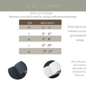 May include: A pet size chart with the text SIZE CHART, HOW TO MEASURE, and a table listing sizes XS through XL with neck girth measurements in inches from 5 to 24. Two circular insets show black and white hook and loop fasteners for a tuxedo collar.
