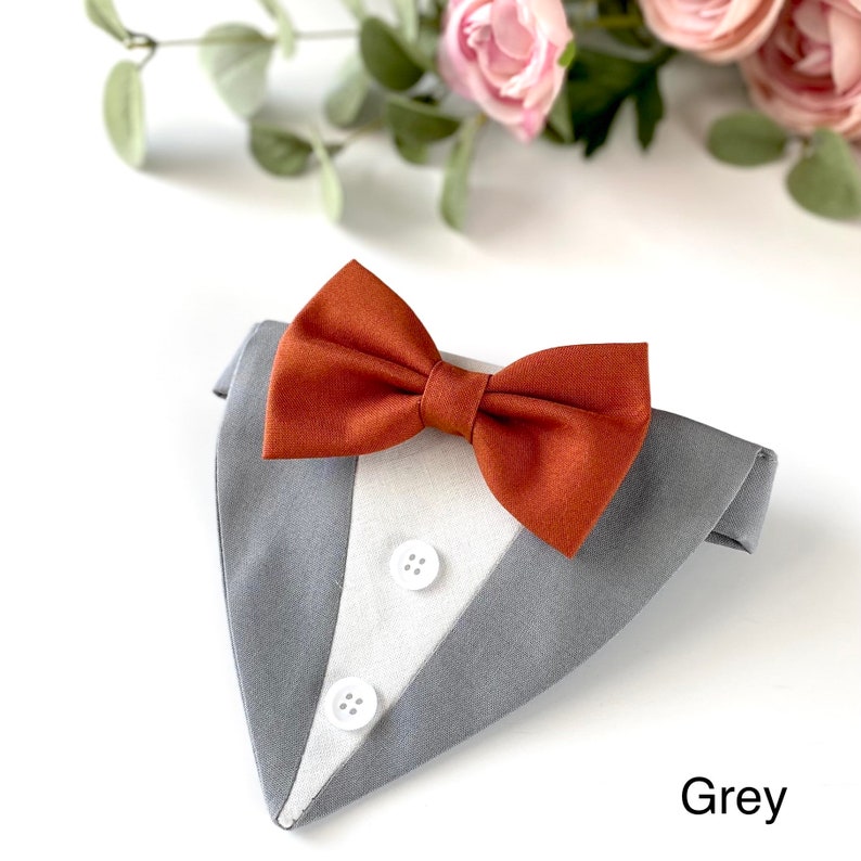 May include: A triangular pet bandana designed to resemble a tuxedo, featuring a grey outer fabric, a white center panel with two small white buttons, and a prominent burnt orange bow tie attached at the top. The word Grey is printed in the corner.