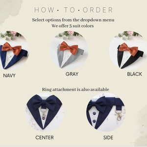 May include: A product display showing pet suit accessories with bow ties. Top row features navy, gray, and black suit designs with rust-colored bow ties. Bottom row shows navy suit designs with a metal ring attachment in center or side positions.