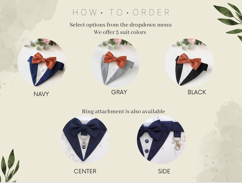 May include: A product display showing pet suit accessories with bow ties. Top row features navy, gray, and black suit designs with rust-colored bow ties. Bottom row shows navy suit designs with a metal ring attachment in center or side positions.
