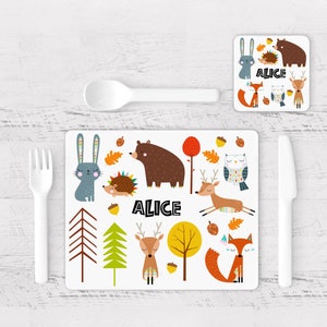 Placemat and Coaster Children's  Woodland Animals Tableware Table Dining Set  - PERSONALISED  Gift for Child Boy / Girl / Birthday