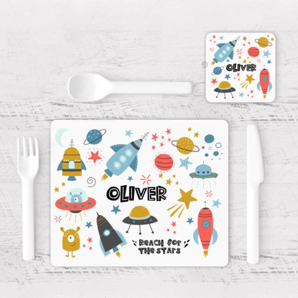 Placemat and Coaster Children's  Space Set  PERSONALISED Reach for the Stars Matching MUG Available - Kids Gift for Boy Birthday / Christmas