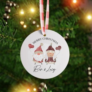 Couple Bauble - Christmas Ornament - Personalised - Cute Red Gnome Couple - His and Hers - Decoration Couple Gift Add Message Free Postage