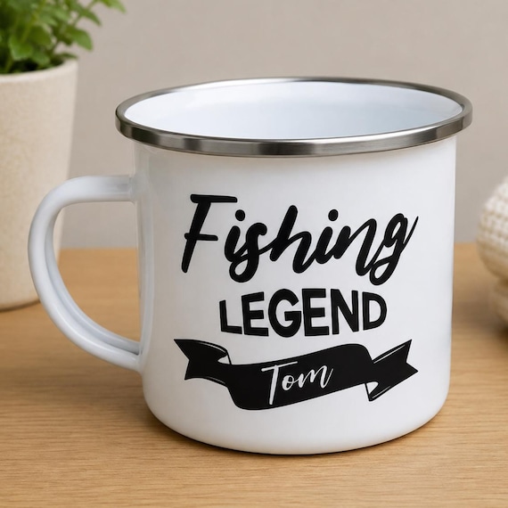 Personalized Fishing Legend Mug | 12oz Enamel Coated Metal Tin Mug