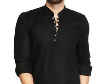 Indiaas shirt korte Kurta 100% katoen kort shirt Kurta effen kleur effen plus size losse pasvorm groot en lang Kleding Herenkleding Overhemden & T-shirts 