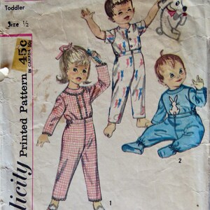 1960s Simplicity 4535 Child Boys Girls 2 Piece Snap Pajamas with or without Feet + Rabbit Transfer Toddler Size 1/2 B 19 Cut Sewing Pattern