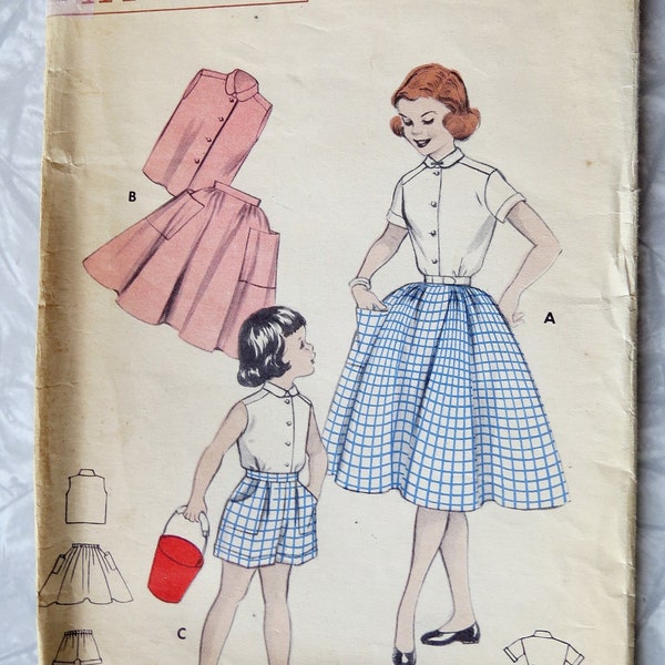 Original Butterick 7293 Girls Separates Full Skirt Sleeveless Blouse Shorts Girls Size 4 Br 23 P. Cut Complete Vintage Sewing Pattern 1950's