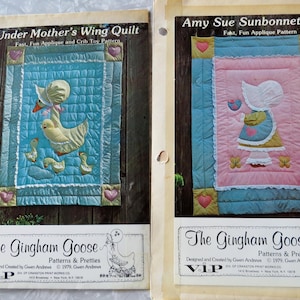 Under Mother&#39;s Wing (Goose) + Toy or Amy Sue Sunbonnet Quilt Pattern, Crib 45&quot; x 60&quot;, Fast Fun Applique, The Gingham Goose Vintage 1979