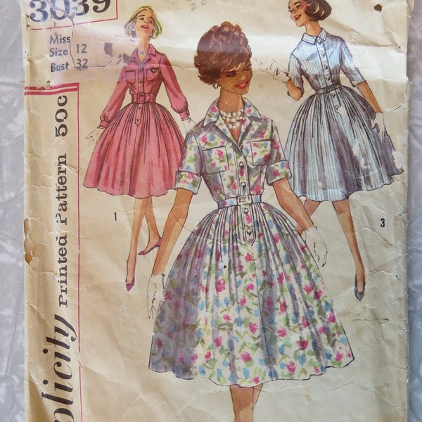 Vintage Simplicity 3039 Misses Size 12 B 32 Shirtwaist Dress Fitted Bodice Button Front Full skirt. P. Cut Complete 1950's Sewing Pattern