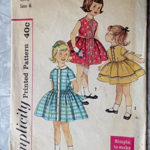 1950s Simplicity 3529 Childs Dress, Full skirt, Back Button, Tie Ends Girl's Size 6 Br 24 W 22, Simple, Cut Complete Vintage Sewing Pattern