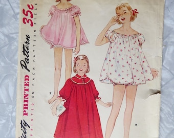 1950's Simplicity 1398 Child's Nightgown in 2 Lengths, Baby Doll Pajamas, Panties Girls Size 6 Br 24 P Cut Comp. Vintage Sewing Pattern