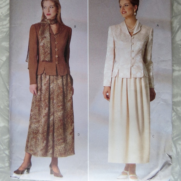 Butterick 5195 Fitted Jacket Top, Midi Length Skirt, Scarf Dress Suit Jessica Howard Misses Sizes 8 10 12 UNCUT Vintage 1990s Sewing Pattern