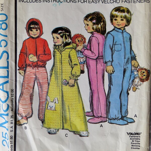 McCall's # 5780 Drop Seat Pajamas, Feet Option & Hooded Robe or Jacket Toddler Boys Girls Size 3 Br 22, 1970s Sewing Pattern P. Cut Complete