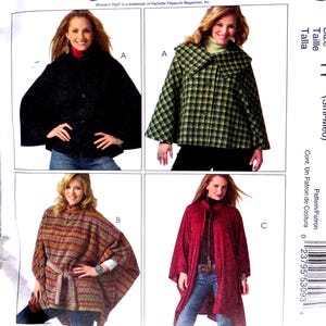 May include: McCall's Woman's Day Collection sewing pattern M5250. The pattern includes instructions for making fleece capes and ponchos. The image shows four different styles, including a black cape, a green plaid cape, a patterned poncho, and a red coat.