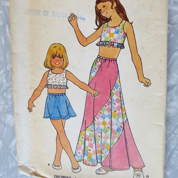 Original Butterick 3694 Midriff Top & Mini and Maxi Length Flared Swirl Skirts, Girls Child Size 4 Br 23 UNCUT Vintage Sewing Pattern 1960's