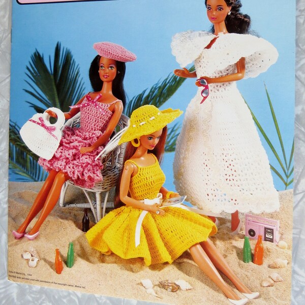 Annie's Attic Fashion Doll Crochet FUN in the SUN DRESSES 87D70 Leaflet 11 1/2" Barbie Beach Summer Dresses Hats Bags Clothes 1994