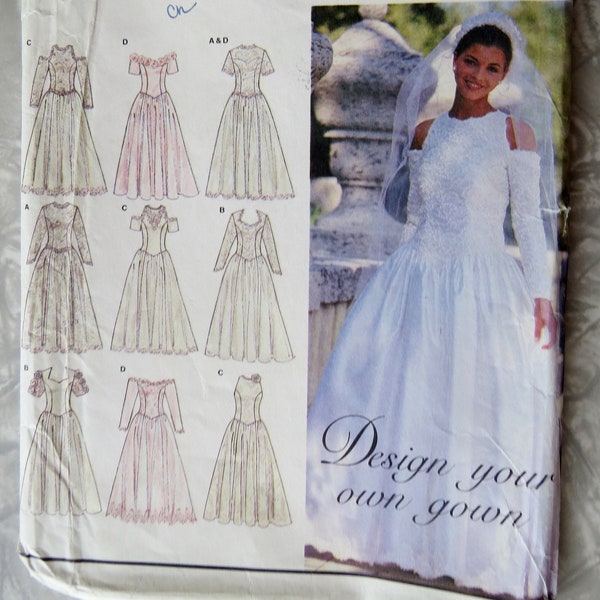 Simplicity 8888 Design Your Own Wedding Gown Lined Dress Train Bodice Sleeve Neckline Options Misses Size 10 12 14 UNCUT Sewing Pattern 1994