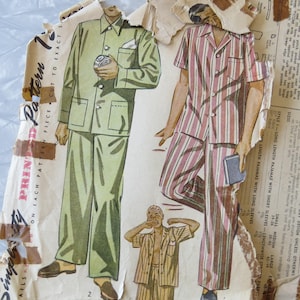May include: Vintage pajama pattern featuring illustrations of men's sleepwear in various styles. The designs include a green suit, striped pajamas, and a short-sleeved set. The pattern is torn and aged, with visible text.
