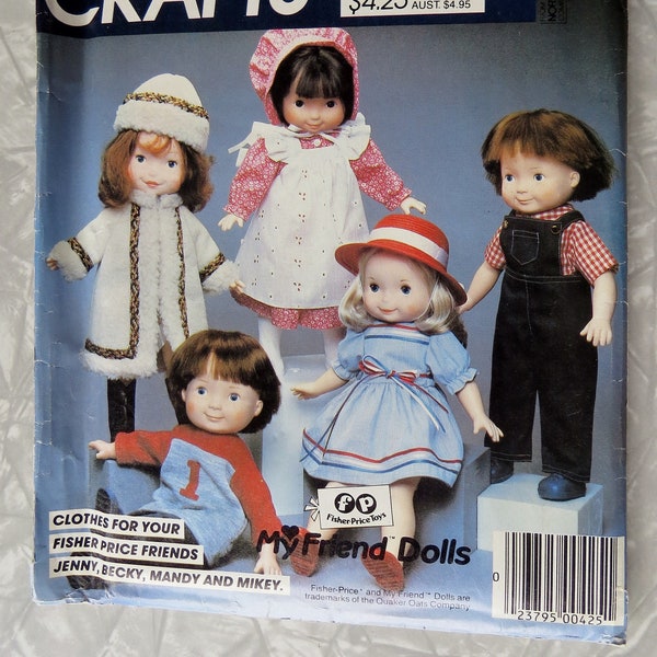 McCall's Craft 8827 705 Clothes Fisher Price My Friends Dolls Mandy Mikey Dresses Coat Coveralls Skirt Shirt Hat UNCUT Sewing Pattern 1983