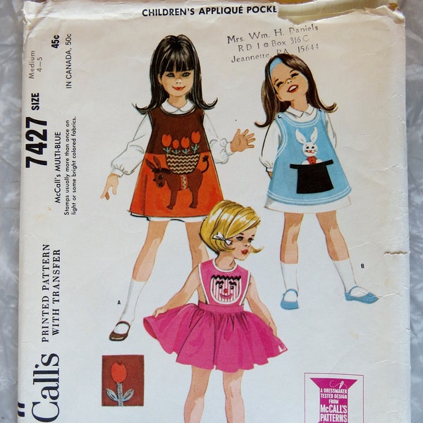Original McCall's 7427 Applique Pocket Aprons Smocks Childs Girls Size 4-5 Medium P Cut Complete + UNUSED Transfer 1964 Sewing Pattern