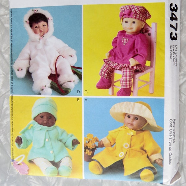 McCall's Crafts 3473 Baby Doll Clothes Raincoat Hat Coat Boots Snowsuit Tunic 3 sizes Sm 8-10" Med 11-13" Large 14-16" UNCUT Sewing Pattern