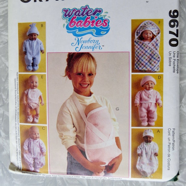 McCall's Crafts 9670 WATER BABIES Baby Doll Clothes Jumpsuit, Hat, Blanket, Carrier 3 sizes S 10-12" M 14-16" L 18-20" UNCUT Sewing Pattern