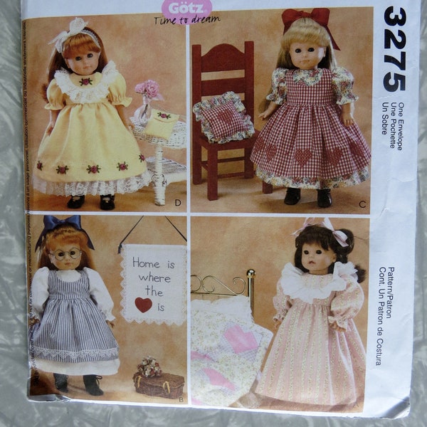McCall's 3275 18" Doll Clothing & Crafts Nightgown Quilt Dresses Pinafore Wallhanging Pillow Gotz American Girl UNCUT Sewing Pattern 2001