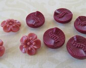 Vintage Lot of Raised Decorative Shank Buttons - 5 Burgundy 3 4 quot and 3 mauve (pink) flower shaped 3 4 quot diameter