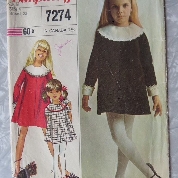 1960's Simplicity Designer Fashion 7274 Mini Tent Dress w/ Detachable Collar & Cuffs Child's Girls Size 4 Br 23, Cut Complete Sewing Pattern
