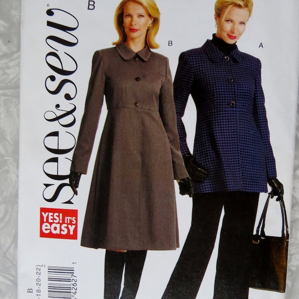 See & Sew B5272 EASY Lined Fitted Coat in 2 lengths Raised Waistline Front Button Misses Sizes 16 18 20 22 UNCUT FF 2008 Sewing Pattern