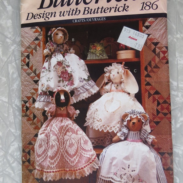 Butterick 5826 186 Pillow-Case Animal Dolls- Cat Bear Bunny Rabbit & Cow w/ Bonnets Dresses Vintage Craft Sewing Pattern UNCUT FF 1990s