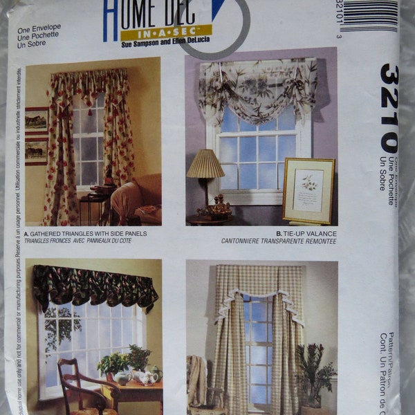 McCall's 3210 Home Dec In a Sec Window Curtains, Side Panels, Triangle, Tie-Up, & Fluted Valances, Cascade Cornice UNCUT Sewing Pattern 2001