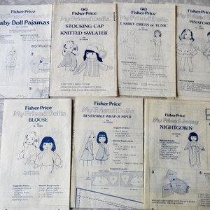 Lot of 7 Vintage Fisher Price My Friend Mandy Doll Clothes Patterns T-Shirt Dress Baby Doll Pjs Pinafore Blouse Wrap Jumper Jenny Nightgown