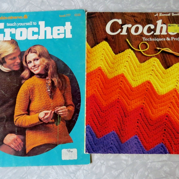 2 Vintage Learn Crochet Books: Columbia-Minerva Teach Yourself to Crochet #777 & Sunset Crochet Techniques + Projects 1970s Afghans Hammock