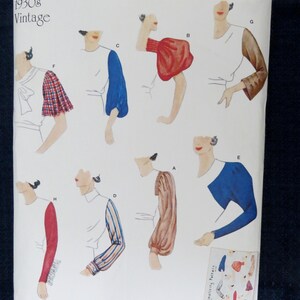 May include: A Simplicity sewing pattern envelope, number 8506, featuring illustrations of various sleeve designs labeled A through H. The white envelope displays red accents, the text 1930s Vintage, and size information for U.S. sizes 10-22.