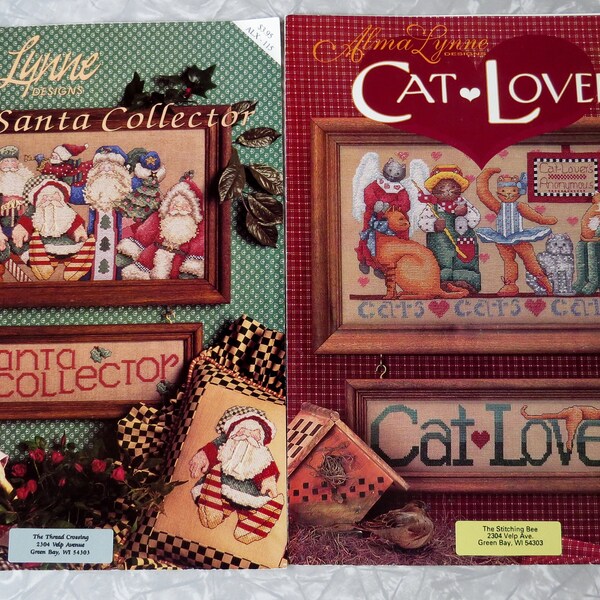 SANTA Collector Alx-115 Picture Sign & Pillow or CAT Lover Alx-128 Picture + Sign Alma Lynne Designs Counted Cross Stitch Booklets 1990s