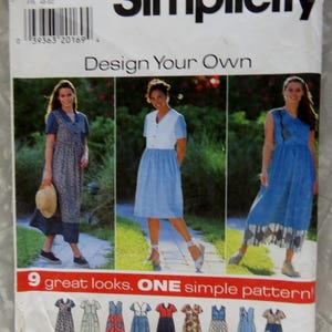 May include: A Simplicity sewing pattern envelope, number 7577, for a dress with nine variations. The packaging features the text 'Design Your Own' and '9 great looks, ONE simple pattern!' with illustrations of various dress styles.