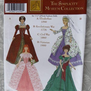 May include: Simplicity Museum Collection sewing pattern for 11" fashion dolls. The pattern includes designs for Elizabethan, Revolutionary War, Civil War, and Victorian era dresses. The cover features illustrations of the doll dresses.