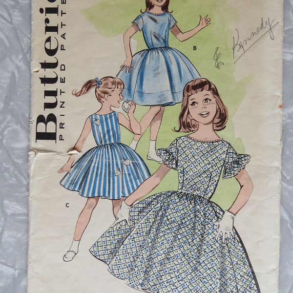 Butterick 9356 Girls Full Skirted Dress, Sleeve Options, Bateau Neck Girls Size 10 Br 28 P Cut Complete Vintage Sewing Pattern 1950's