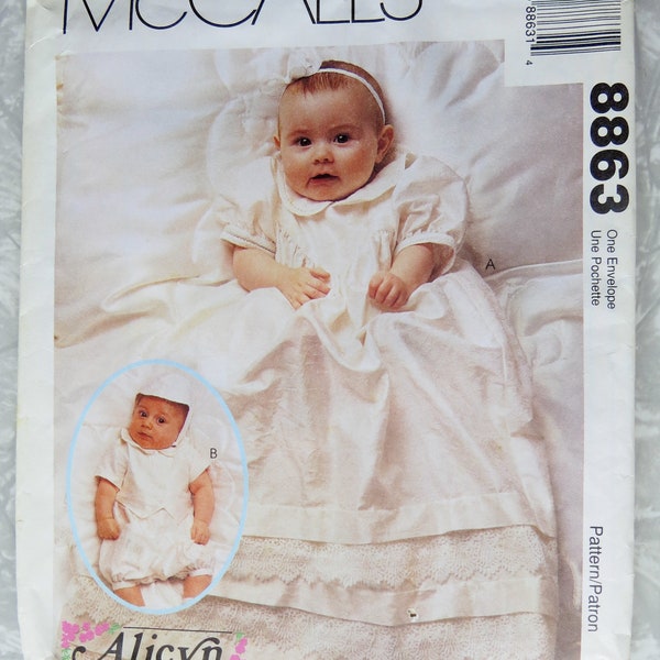 McCall's 8863 Infant Baby Boy & Girl Baptism Christening Outfits, Dress Or Romper and Hat Sizes: NB S M L UNCUT FF Alicyn Sewing Pattern