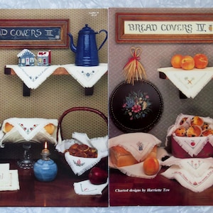 Lot of 2: Bread Covers III Leaflet #31 &  Bread Covers IV #35 Hariette Tew Charted Cross Stitch Designs for Bread Cloths Vintage 1980s