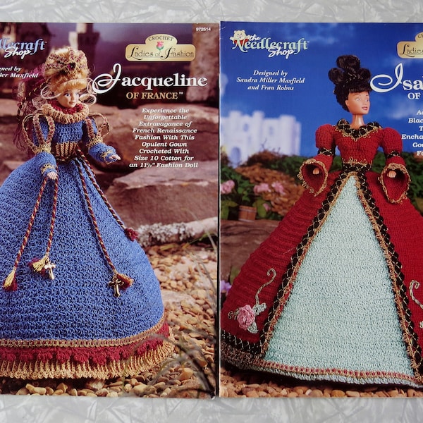 2 The Needlecraft Shop leaflets: Jacqueline of France 972514 & Isabella of Madrid 972505 11 1/2" CROCHET Fashion Doll Ball Spanish Gowns