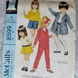 May include: A vintage McCall's sewing pattern for children's separates. The pattern includes instructions for a coat or jacket, skirt, pants, and blouse. The pattern is for size 4 and is not suitable for chubby girls. The pattern cover features illustrations of four girls wearing the different garments.