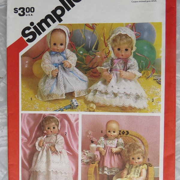 Vintage Simplicity 6055 Baby Doll Clothes Clothing Medium 15"-16" Party Dresses Apron Christening Gown Bonnets 1983 UNCUT Sewing Pattern