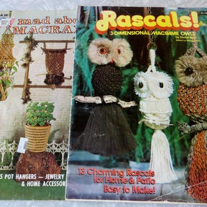 May include: Two vintage macrame craft magazines. One features pot hangers and home accessories, the other showcases 3-dimensional macrame owls. The covers display colorful macrame projects, including plant hangers and owl figures.